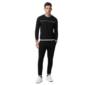 FYLTR Men's Sweatshirt & Jogger Casual Co-ord Set with Striped Rib Detail - Stripe Rib Detail on Neck, Cuff & Hem | Casual Winterwear For Men - Every Ebony