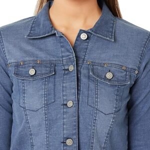 Miss Chase Women Women's Navy Blue Solid Collared Full Sleeves Patch Pocket Denim Knee-Length Jacket