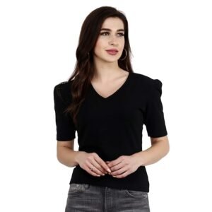 POPWINGS Casual Women's Black v Neck Puff Sleeves top
