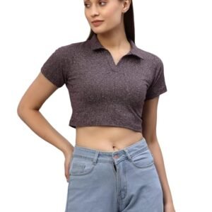 Rigo Women Self Texture Maroon Collared Crop Top
