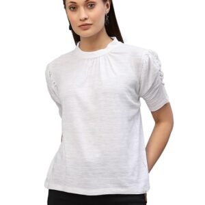 Rigo Women White Puff Sleeve Self Texture Top